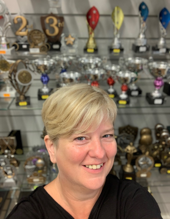Lisa Ricketts, Proprietor of Hopmarket Trophies, inside the shop